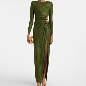 Self-Portrait Olive Green Rhinestone Embellished Chain Maxi Dress